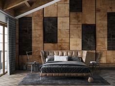 a bedroom with wood paneled walls and flooring