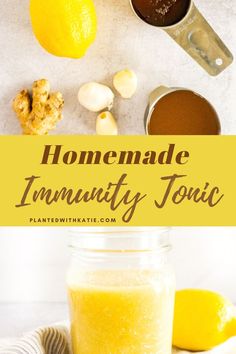 the ingredients for homemade lemonade in a jar and on top of a towel, with text overlay that reads homemade immunity tonic