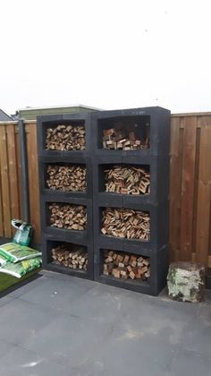 the firewood is stacked on top of each other in an outdoor storage area with wood pallets