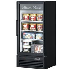 an ice cream and yogurt display freezer with the door open to show its contents