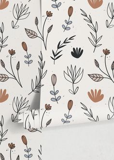 two wallpapers with flowers and leaves on them, one in white and the other in brown