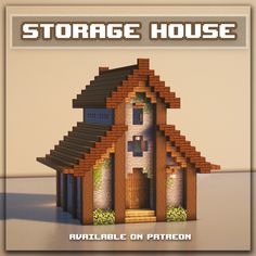 an image of a small house made out of wood and bricks with the text storage house available on patron