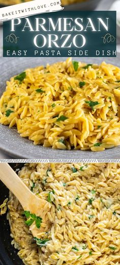 parmesan orzo pasta in a skillet with a wooden spoon on the side