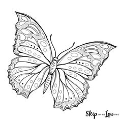 a black and white drawing of a butterfly with dots on it's wings, flying