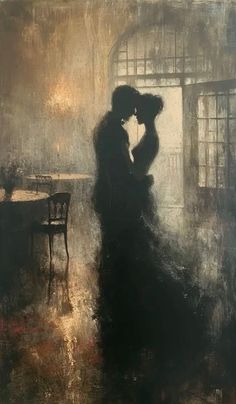 a painting of a man and woman kissing in front of a window with the light coming through