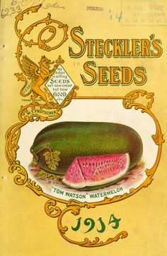 an old book with watermelon on the front and back cover in gold lettering