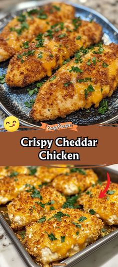 crispy cheddar chicken on a pan with parsley