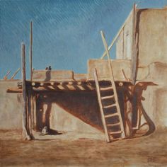 a painting of an adobe house with stairs leading up to the roof and door, in front of a blue sky