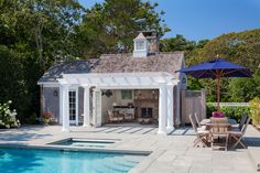 an outdoor pool with a gazebo and patio furniture