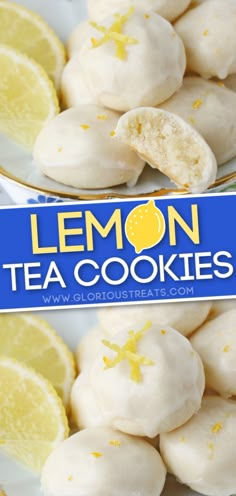 lemon tea cookies on a plate with the title overlay