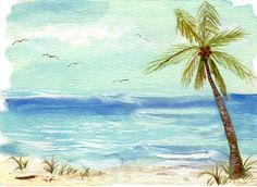 a painting of a palm tree on the beach