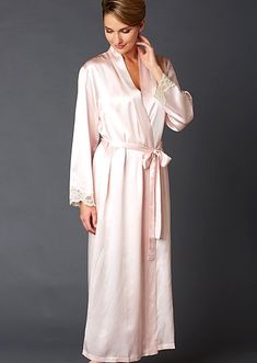 Indulgence Silk Robe Elegant Pink Silk Sleepwear, Feminine Satin Robe For Sleep, Feminine Satin Sleep Robe, Elegant Robe With Lace Cuffs, Feminine Satin Robe For Daywear, Elegant Sleep Robe With Lace Trim, Silk Feminine Wedding Robe, Feminine Silk Wedding Robe, Feminine Satin Robe With Lace Trim