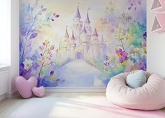 a room with a pink bean bag chair in front of a colorful castle wall mural