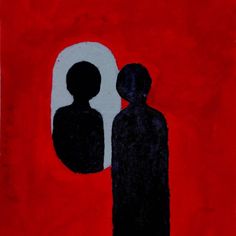 an abstract painting of two people standing in front of a red and white circle with black silhouettes on it