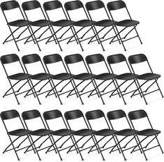 six rows of black plastic folding chairs with arms and legs, all facing different directions