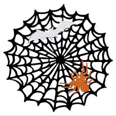 a spider web with two bats on it and an orange spider in the center, surrounded by white bats