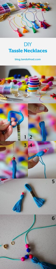 the instructions for how to make tasselle necklaces with colored thread and beads