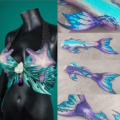 three pictures of different types of mermaid tail designs