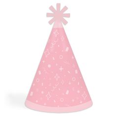 a pink party hat with white stars and shapes on it's top is shown