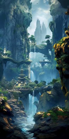 a fantasy landscape with waterfalls, rocks and trees