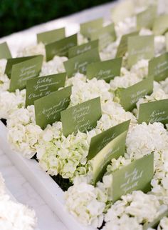 white hydrangeas and green place cards in a box