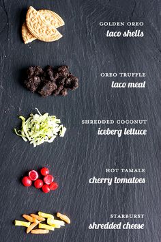 an assortment of different types of food on a black slate board with words describing the ingredients