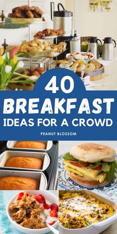 the cover of 40 breakfast ideas for a crowd, including sandwiches and other food items