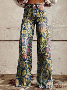 Lasaky - Casual Lightweight Wide Leg Pants with Denim-Inspired Design Moda Denim, Floral Trousers, Casual Wide Leg Pants, Vintage Floral Print, Vintage Pants, Pantalon Large, Women Pants Casual, Look Plus, Wide Leg Denim