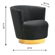 a black chair with gold accents and measurements