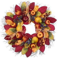 a wreath with apples, leaves and berries