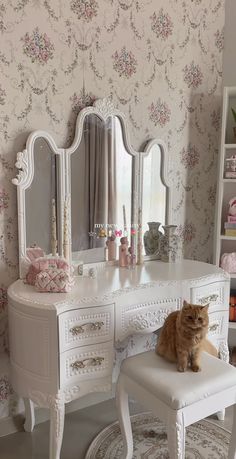 an orange cat sitting on top of a white vanity next to a dresser and mirror