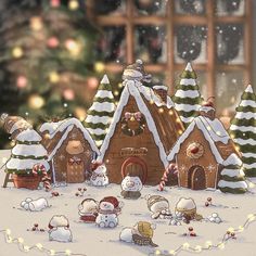 an animated christmas scene with gingerbread houses and snowmen