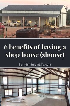 a garage with the words 6 benefits of having a shop house