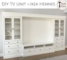 a white entertainment center with built - in cabinets and drawers is featured for the diy tv unit / ikea hemnes