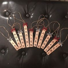 wooden scrabbles with bows tied around them