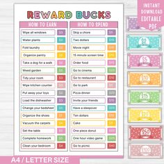 reward cards with the words reward bucks and how to spend them on each one side