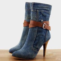 Knight Shoes, Cute Womens Shoes, Denim Heels, Womens Mid Calf Boots, Fashion High Heels, High Heels Stilettos, Calf Boots