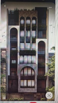 an apartment building with balconies and plants growing on the windows is shown in this rendering