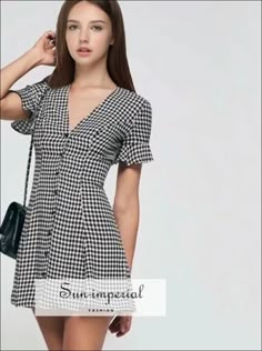 Sun-Imperial - Women Vintage V Neck Button Gingham Dress With Ruffle Short Sleeves Gingham V Neck – SUN-IMPERIAL Short Sleeve Printed Dress, Cheap Short Sleeve Gingham Plaid Dress, Cheap Short Sleeve Summer Dress, Cheap Short Sleeve Vintage Dress For Spring, Cheap Short Sleeve Plaid Dress For Spring, Casual Gingham Plaid Dress, Cheap Cotton Mini Dress With Button Closure, Cheap Feminine Short Sleeve Dress, Cheap Short Sleeve Dresses With Placket