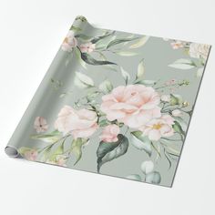 a floral wallpaper with pink flowers and green leaves on a gray background wrapping paper