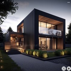 a modern house is lit up at night