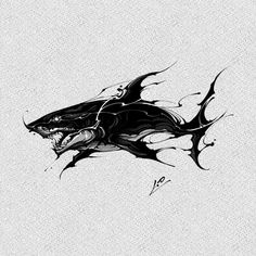 a black and white drawing of a shark with sharp teeth on it's back