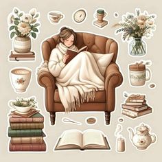 a woman sitting in a chair reading a book surrounded by books and vases with flowers