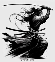 a drawing of a person holding two swords