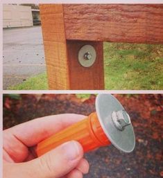 two pictures of a hand holding an orange plastic object in front of a wooden bench