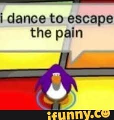 a cartoon penguin sitting in front of a computer screen that says, i dance to escape the pain