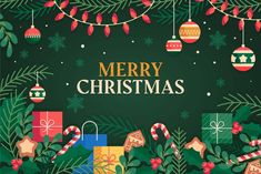 merry christmas greeting card with presents and ornaments on green background, decorated with holly leaves