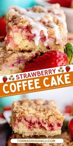 strawberry coffee cake is cut in half and stacked on top of each other with strawberries