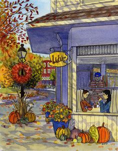 a watercolor painting of people sitting at a window with pumpkins and gourds