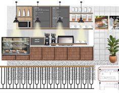 the interior of a coffee shop is shown in this drawing, and it's layout